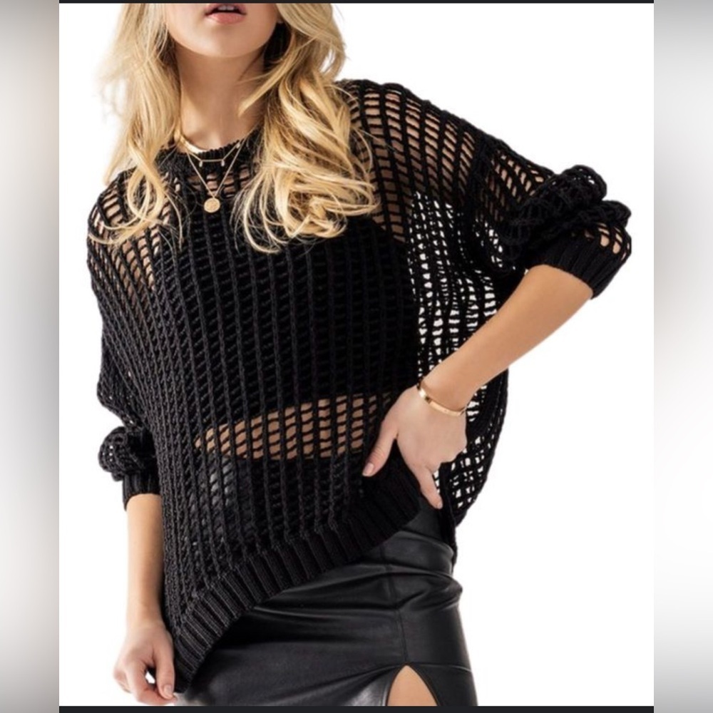 Aaron and Amber Hollow cut  Crochet Long Sleeve Knit Sweater Top size M